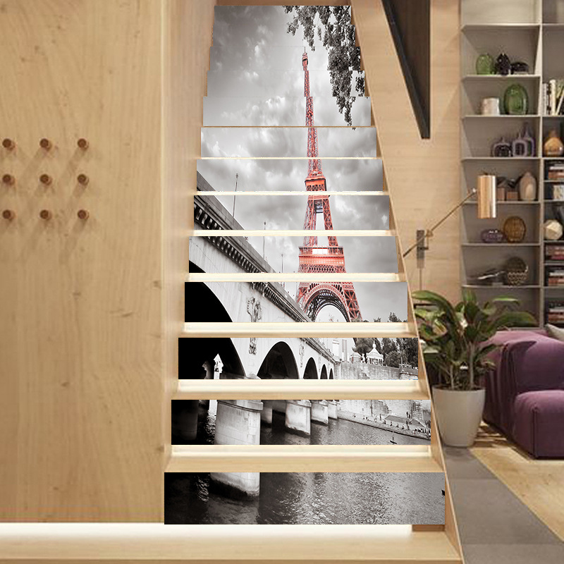 Cross-border ins source Iron Tower Bridge stair sticker peel-off wall sticker steps stair step home decoration