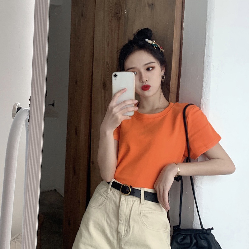 Picture of Candy Color Korean Style Round Neck Top for Women 2025 Loose and Versatile Bottoming Shirt Summer Cross-Border Short-Sleeved T-Shirt for Women Carefully Selected