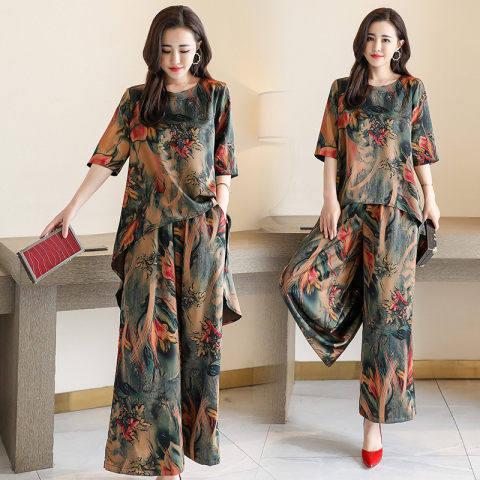 2025 Summer New Loose-Fitting Suit for Women, Retro Print Student Two-Piece Set, Fashionable Wide-Leg Pants, Women's Clothing, Foreign Trade Trend