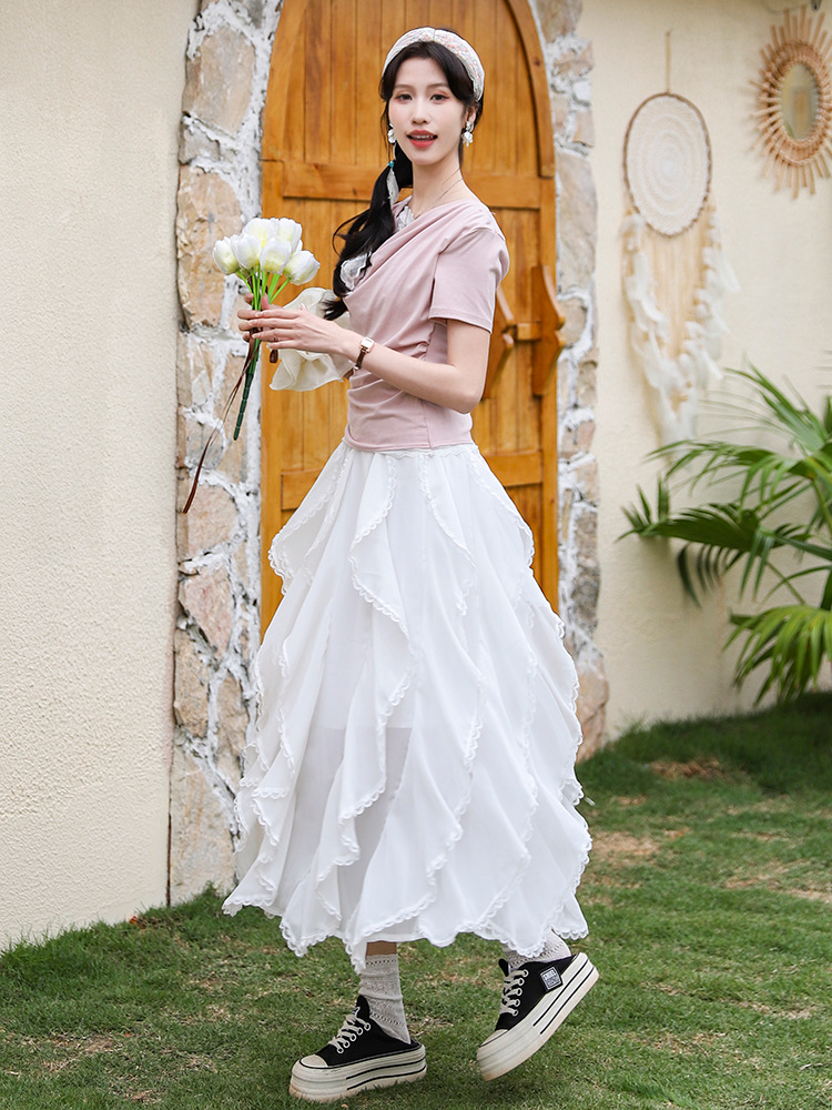 Iris Sweet Style Drapey and Elegant Kelp Skirt for Women Summer New Versatile Pure Color Mid-Length Skirt