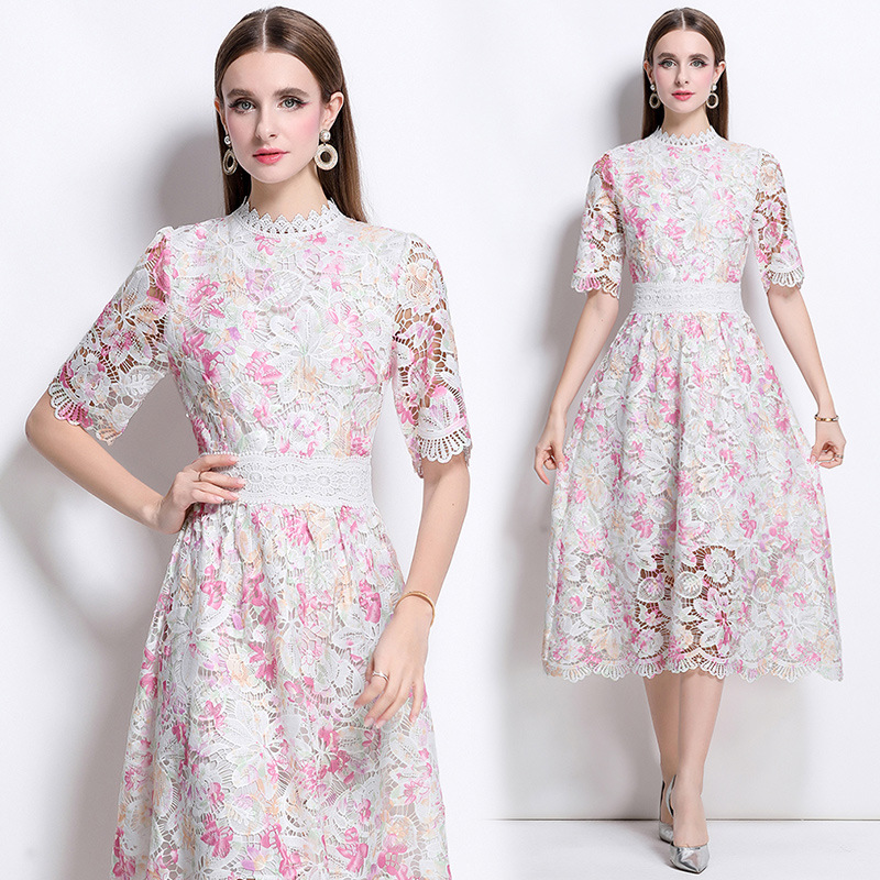 In-Stock Cross-Border Independent Site Summer New Short-Sleeve Printed Slim-Fit Hollow-Out Water-Soluble Lace Mid-Length Dress