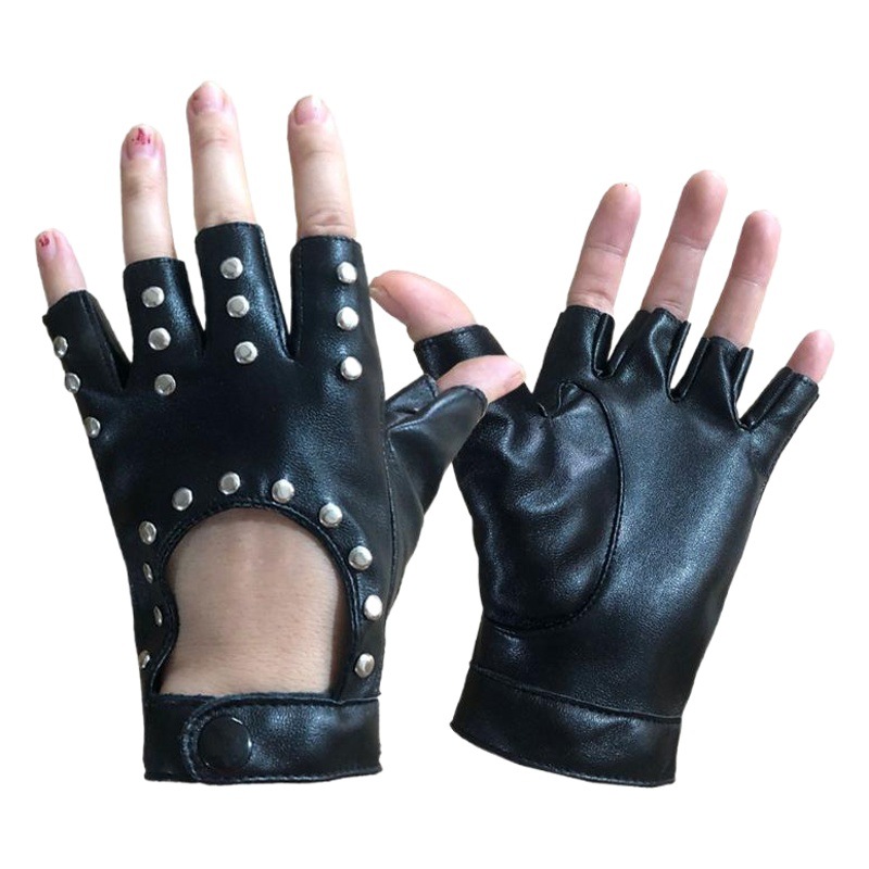 Fashion Performance Gloves Punk Dance Street Dance Rivets Outdoor Sports Cycling Half Finger Pu Driving Cut Out