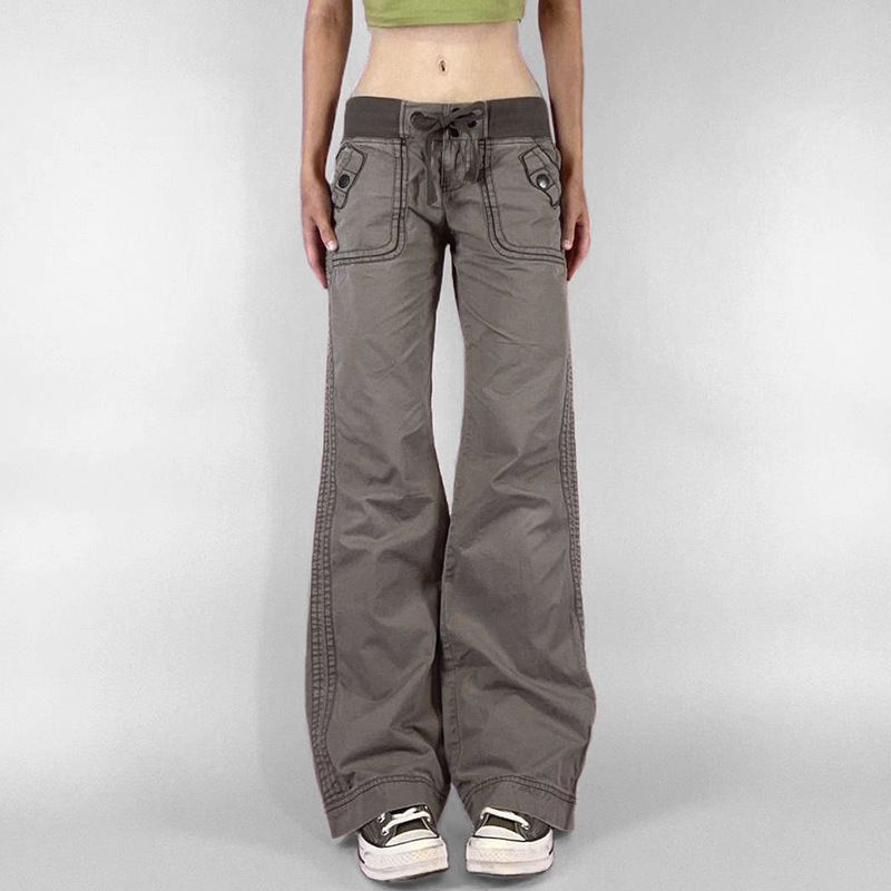 Picture of European and American Style Distinctive Street Slim-fit Slimming Workwear Trousers Women's Straight Wide Pants Strap Low Waist Casual Jeans Trendy