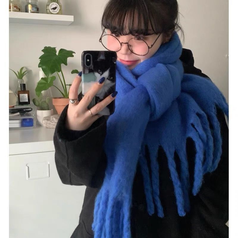 Picture of Winter monochrome plush heavy weight soft fluffy lazy wind solid color large pulled wool warm scarf for students couple