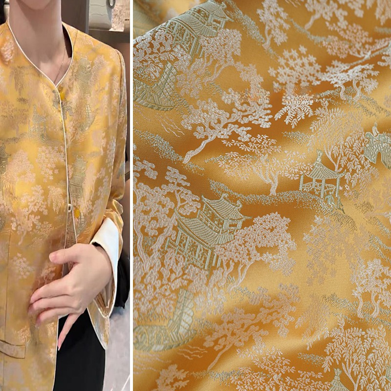 Bright Yellow Qingming Shanghe Figure Brocade Fabric New Chinese Jacquard Song Brocade Silk Jacket Vest Fabric