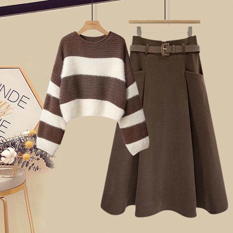 Winter suit a set of 2024 fashion new striped knitted round neck sweater loose skirt two-piece fashion