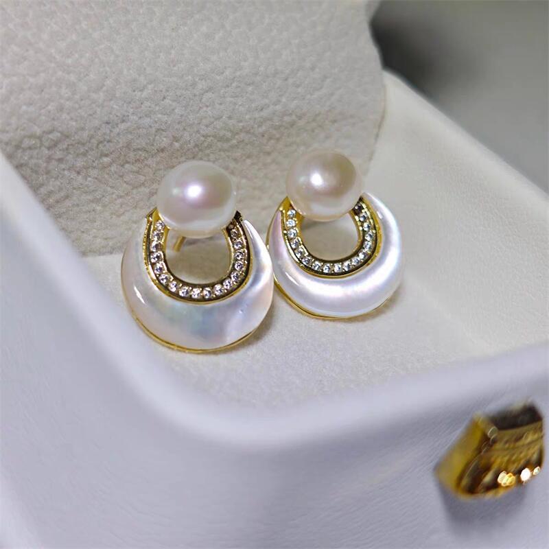 Middle ancient style Zhuji freshwater pearl earrings hollow national style design mother shell inlaid exquisite S925 silver needle earrings