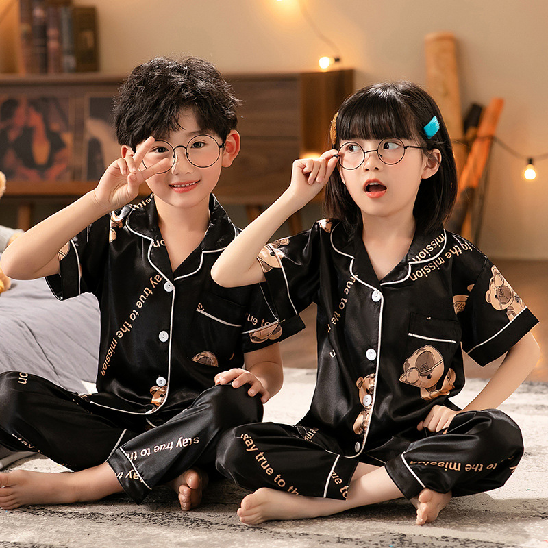 Foreign Trade Summer Kidsren's Pajamas Boys and Girls Ice Silk Cardigan Short-Sleeved Pants Loose Thin Imitation Silk Home Clothes