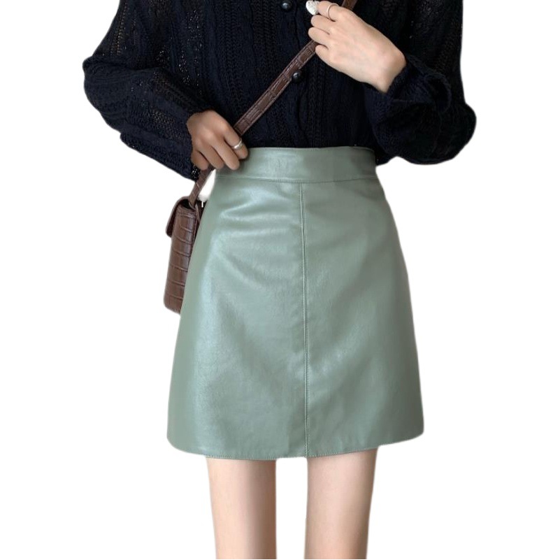 Women's Skirt 2023 Autumn and Winter New High Waist All-match Hip A- Line Overskirt Super Hot Green PU Small Leather Skirt Short Skirt