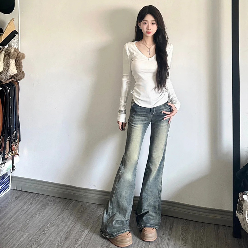 Picture of Solid Color Base Shirt with V-Neck Long-Sleeved Top Women's Spice Girls Shoulder Short T-Shirt Slim-Fit Waist-Tight Autumn Wear for Summer