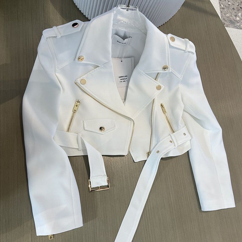 Korean Fashion Hardware Zipper Short Suit Collar Jacket 2025 Slim Fit Long Sleeve Motorcycle Jacket