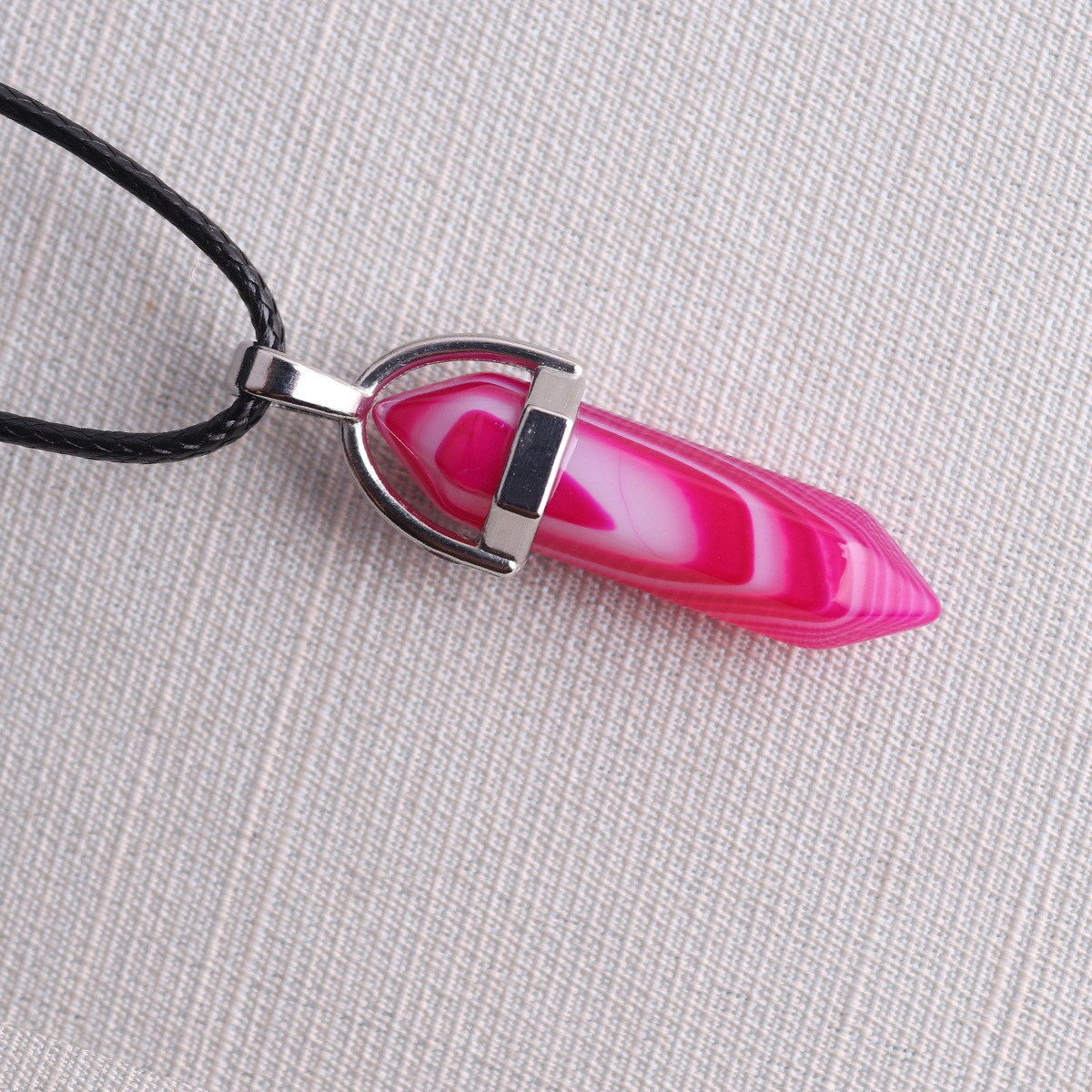 Picture of Natural Stone Hexagonal Pendant European and American Natural Crystal Hexagonal Prism Bullet Hexahedral Black Wax Rope Necklace