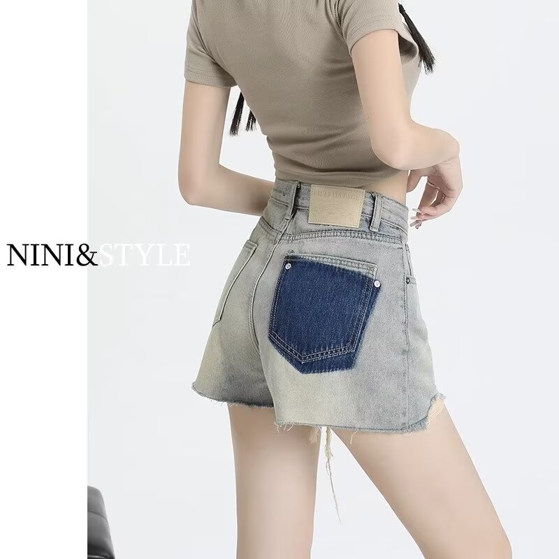 Nostalgic Blue Ripped Edge Denim Shorts Women's Summer New Contrast Color Design High Waist Slimming Wide Leg Hot Pants Trendy