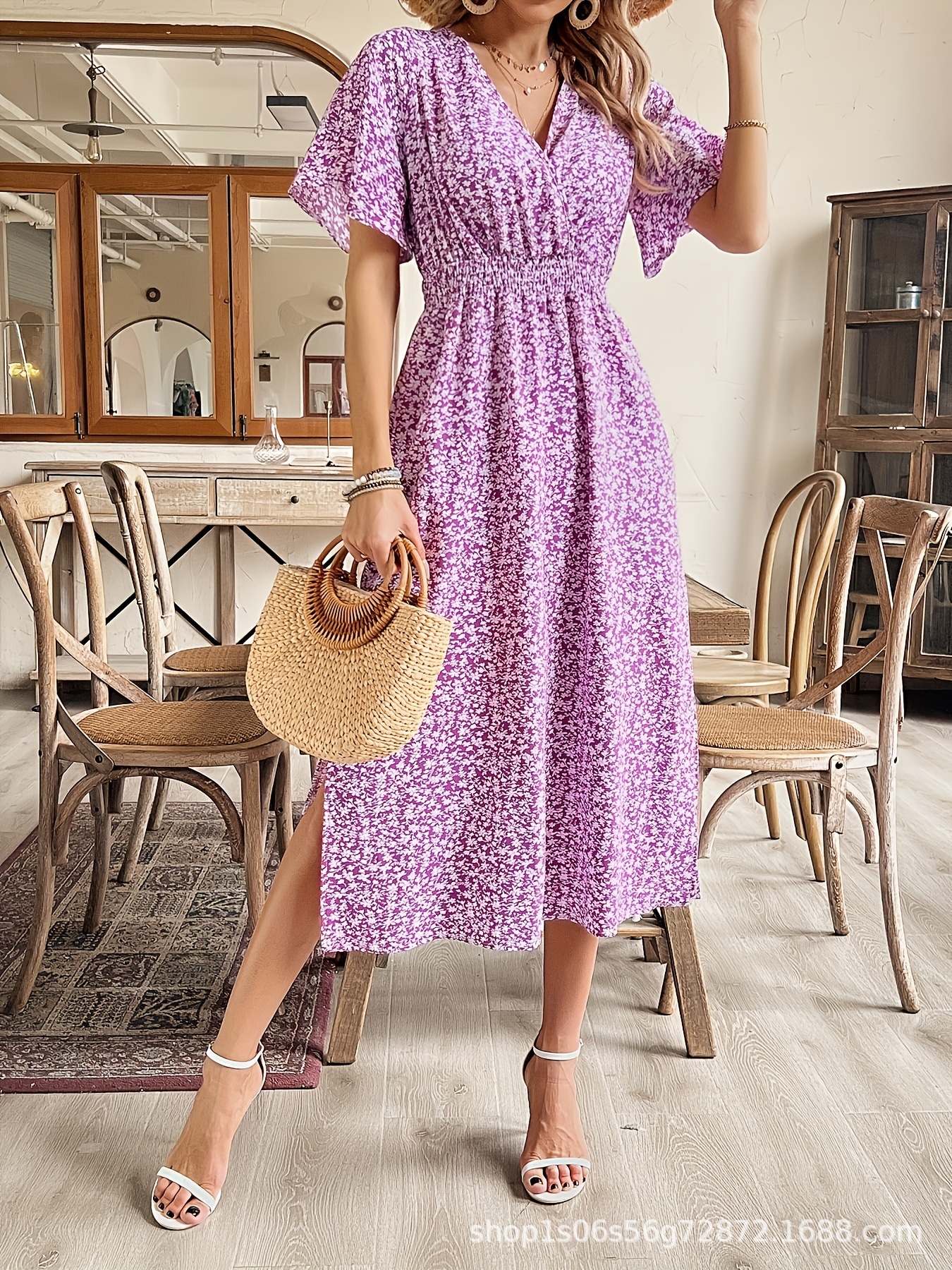 Small Floral V Neck Short-Sleeved Bohemian Large Swing Holiday Dress Women's Independent Station Amazon Cross-Border