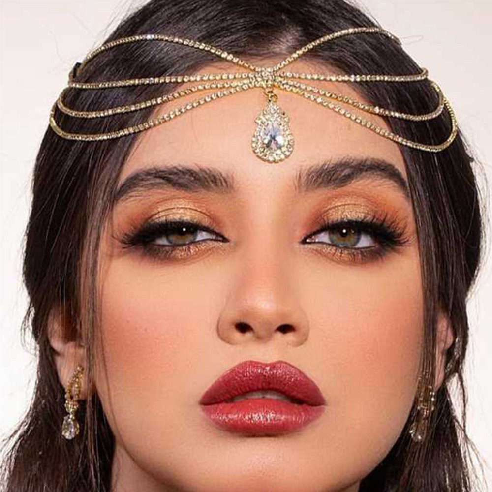 European and American Multi-Layered Water Drop Headwear, Bohemian Style Fashionable Water Drop Shiny Rhinestone Bridal Hair Chain Forehead Chain