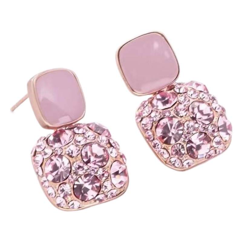 S925 Silver Needle South Korea Dongdaemun Simple Square New High-grade Earrings 2023 Women's Pink Zircon Earrings