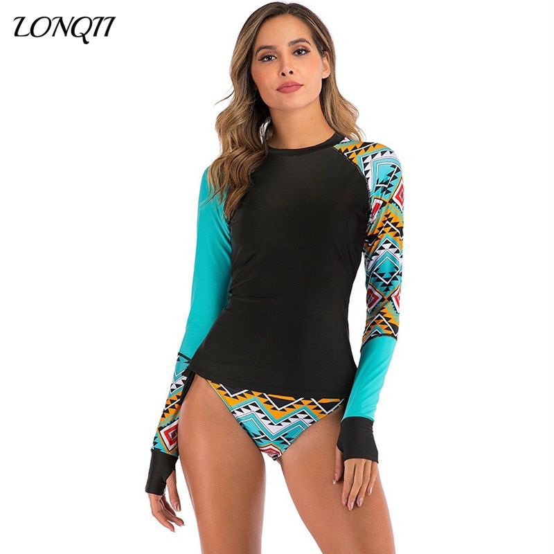 2022 European and American new conservative long-sleeved split swimsuit surfing suit Amazon foreign trade hot spring women's swimsuit wholesale