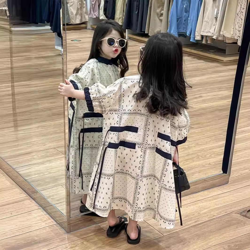 Korean style children's clothing 2024 girls' summer new elegant printed breathable casual design Mori vacation dress