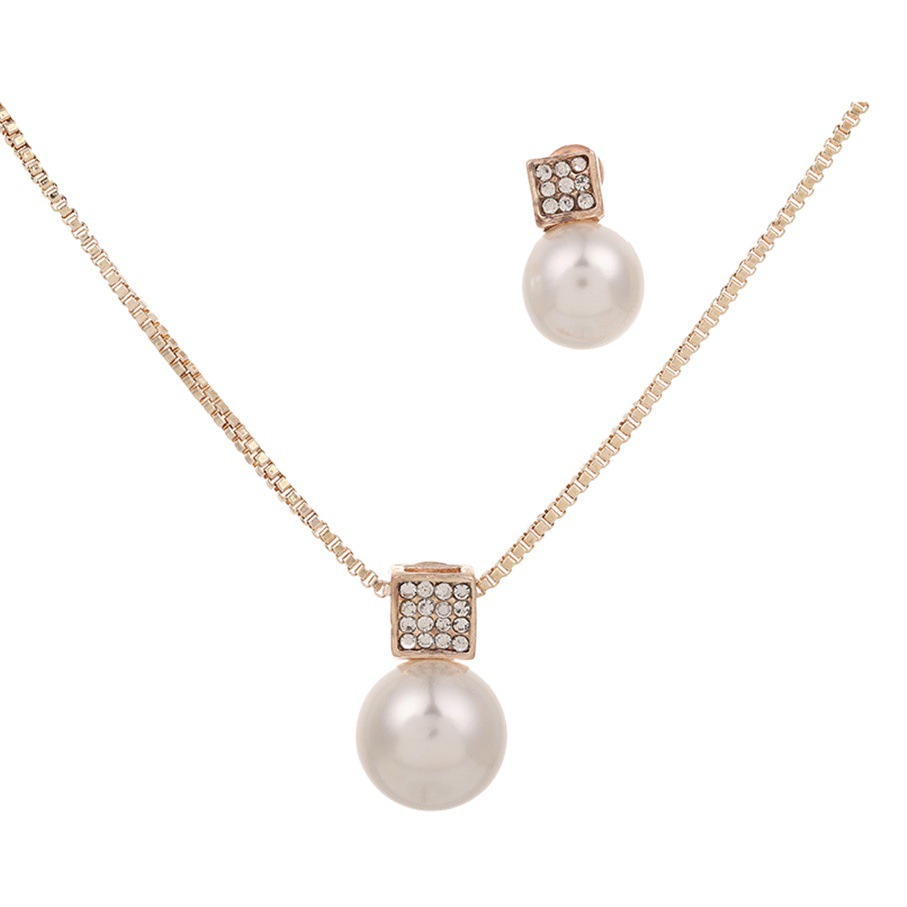 Cross-border New Hot Selling European and American Explosions Square Diamond Pearl Pendant Jewelry suit Necklace Earrings Bridal Wedding