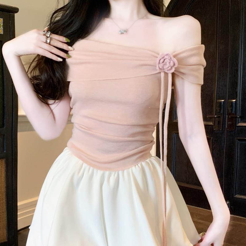 Picture of Pure Sweet Spice Girl Off-shoulder Flower Small Top Women's Summer High-end French Pink Short-sleeved Shirt Chic and Beautiful