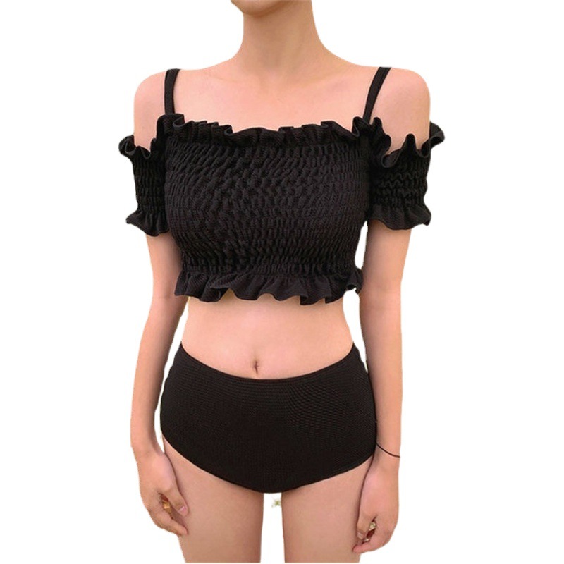 South Korea ins black women's bikini sexy slimming small chest push up off-shoulder split swimsuit vacation swimsuit
