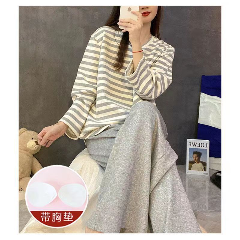 [High quality stripes] 150 grams of striped pajamas with chest pads for ladies spring and autumn sweet students long sleeve trousers for foreign trade