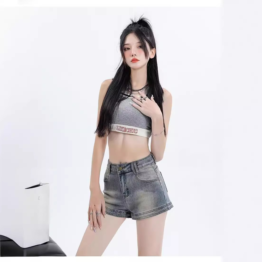 Summer American Style Spice Girl Denim Shorts Women's Outer Wear High Waist Retro Tight Stretch A- Shaped Super Short Spice Girl Hot Pants