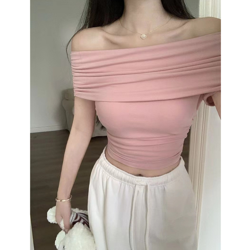 Picture of Shoulder Collar Chic Beautiful Knitted Top 2024 Summer New Slim-fit Slimming Sexy Short-sleeved Shirt for Women
