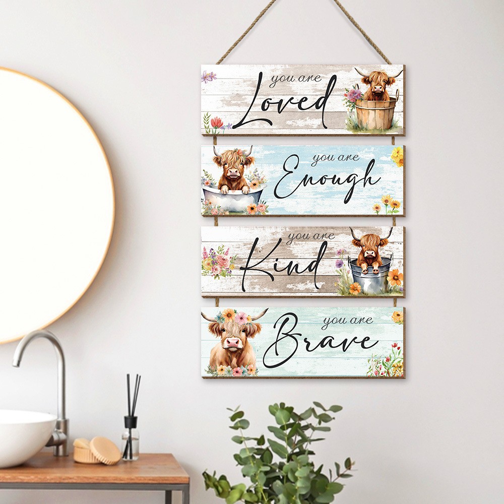 Picture of Cross-border Hot Sale Highland Cow Listing American Country Wooden Farmhouse Logo Wooden Door Plate Wall Decoration Wall Hanging