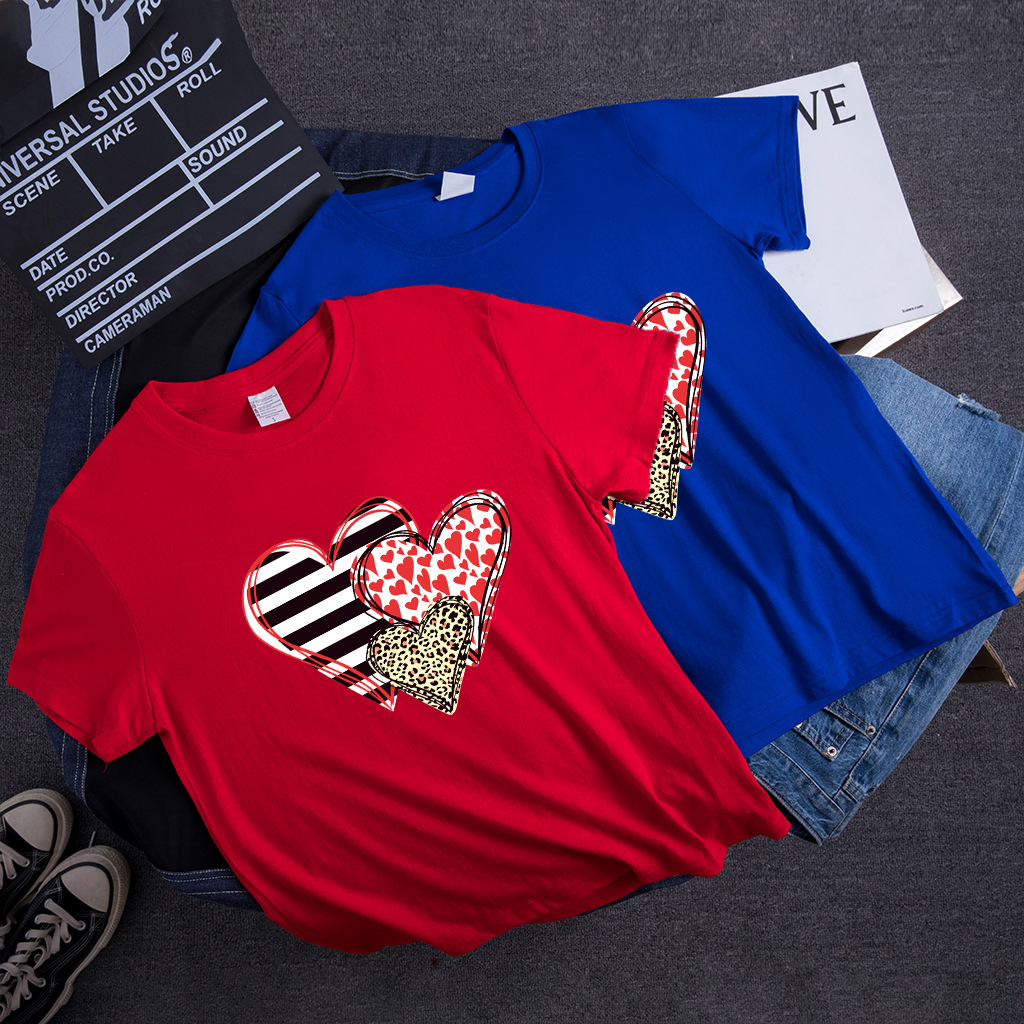 2021wish Amazon Valentine's Day New Leopard Love Pattern Printed Women's Street Trendy Short Sleeve T-shirt