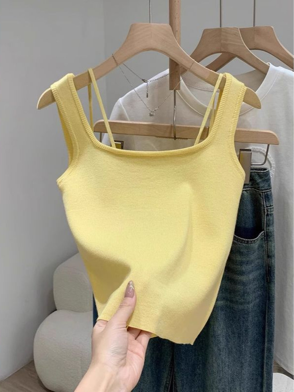 Yellow Square Neck Backless Bottoming Knitted Camisole Women's Summer Small Solid Color Outer Sleeveless Top