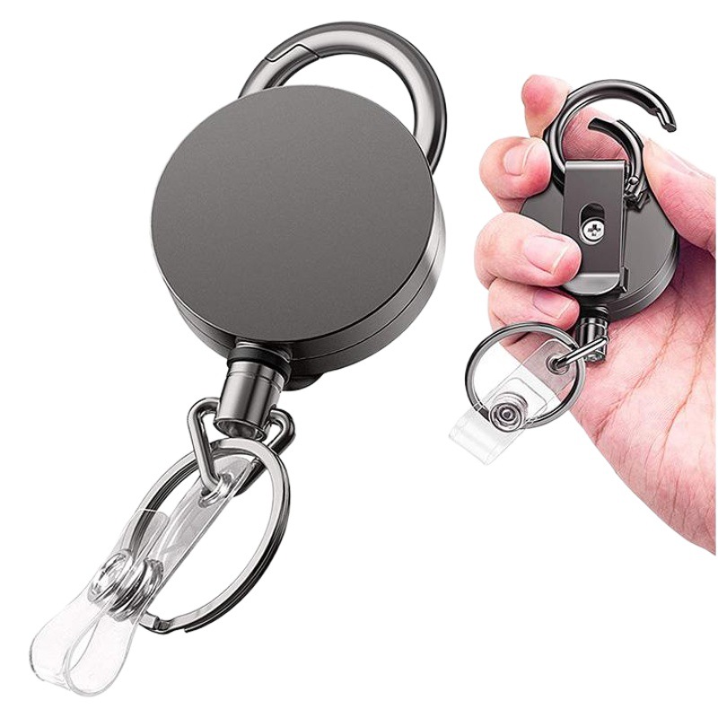 Black electroplated metal easy-pull buckle retractable keychain easy-pull with belt clip ID buckle high elastic wire puller