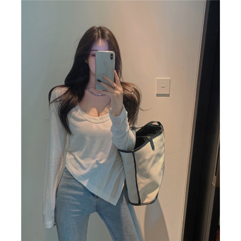 Real Shot White Irregular Design Sense Top Long-sleeved Stylish ins Elegant Black Bottoming All-match T-shirt