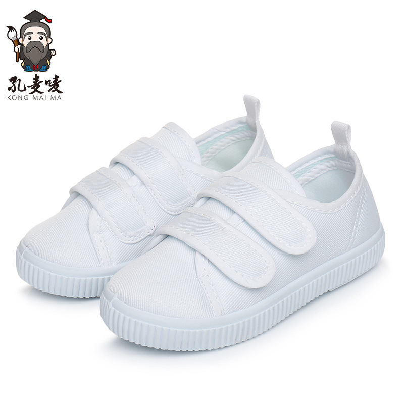 Picture of Children's Shoes Children Boys and Girls Students White Cloth Shoes Canvas Shoes Kindergarten School White Shoes Tie Shoelace Velcro