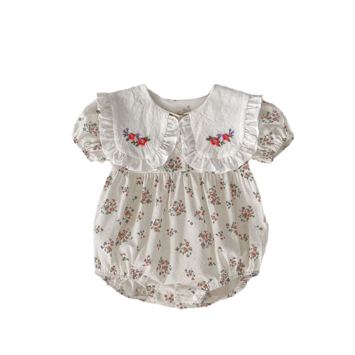 Picture of 2025 Western Style Baby Summer Jumpsuit Floral Triangle Hoodie Embroidered Large Lapel Short-Sleeved Baby Girl