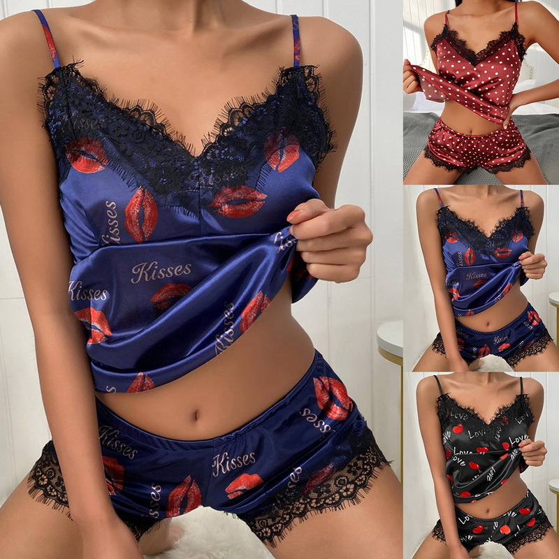 Cross-Border Women's Sexy Pajamas, Tempting Sexy Lingerie, Printed Deep V Lace Suspender Skirt, Shorts, Home Wear Set