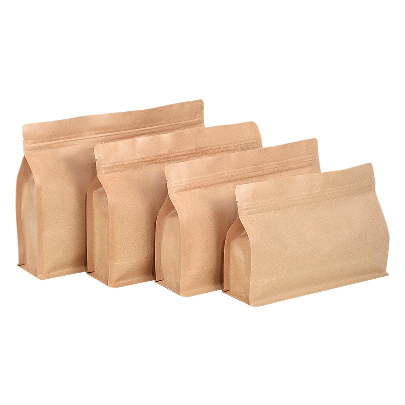 Brown Packing Paper Eight-Sided Sealing Bag Wide-Mouth Self-Standing Ziplock Bag Horizontal Nut Red Date Walnut Tea Packaging Bag Wholesale