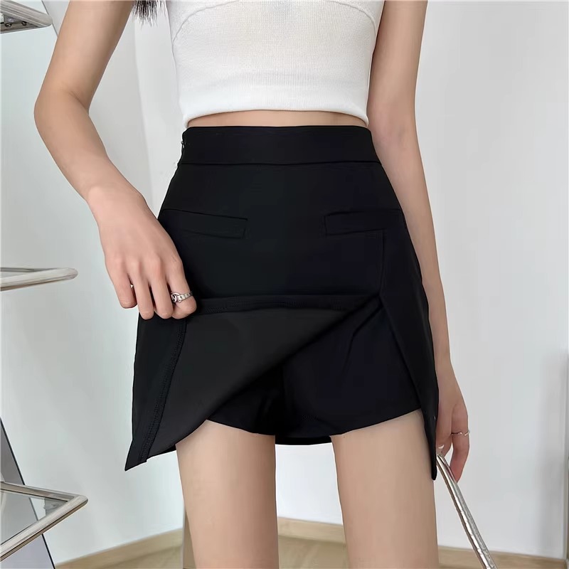 Temperament plus size chubby girl High Waist Slimming Flesh Covering Small Black Skirt Women's Summer Split A- Line Skirt Pants Short Skirt