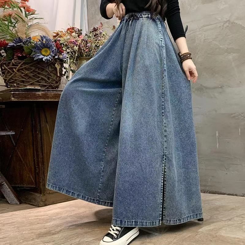 Picture of 2025 Spring/Summer New High-Waisted Split Wide-Leg Pants Retro Artistic Loose Versatile Denim Skirt Pants Casual Long Pants for Women