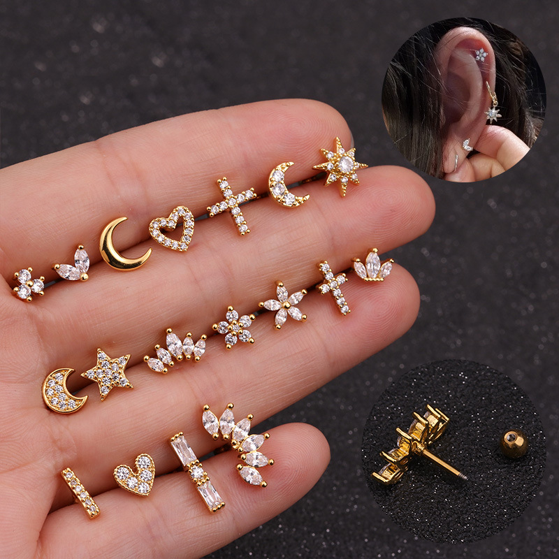 Picture of Titanium Steel Stainless Steel Rod Micro-inlaid Zircon Crown Ear Nail Screw Screw Ball Fashion Earrings European and American Piercing Jewelry