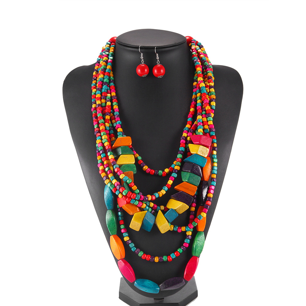 Bohemian Ethnic Style Tassel Necklace Set Color Wooden Necklace African Style Necklace Sweater Chain