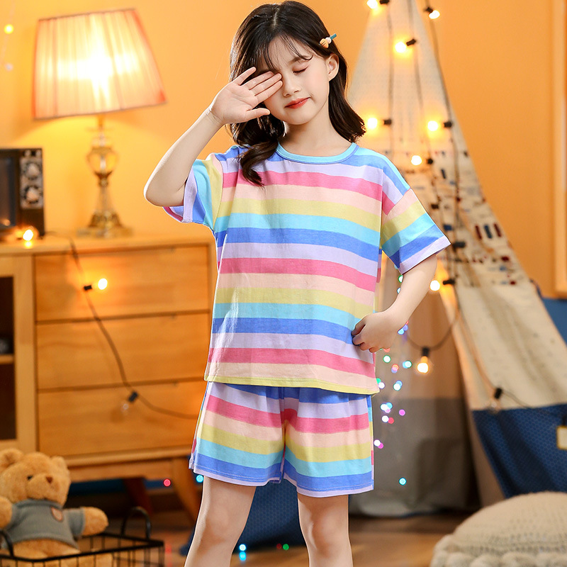 Picture of 2024 New Kidsren's Summer Short-Sleeved Suit Home Clothes Pajamas Pure Cotton Thin Air-Conditioned Clothes Princess Girls Baby