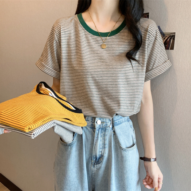 T-Shirt Women's Short-Sleeved Stripesd 2025 New Spring and Summer Clothing Loose Niche Design Large Size European Trendy Clothes