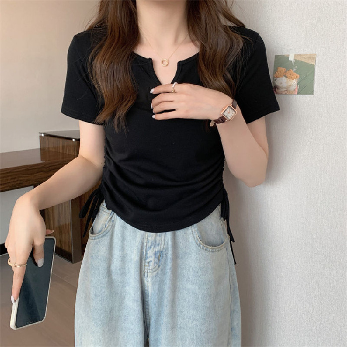 Picture of Designed V-Neck Drawstring Slim-Fit Pure Desire Style Short-Sleeve T-Shirt for Women, 2025 Summer New Solid Color Student Top Trendy