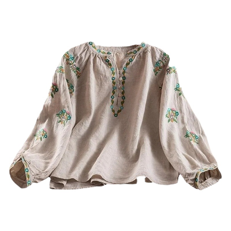 Women's Artistic Retro Spring and Autumn Cotton and Linen Heavy Embroidered Shirt V-neck Loose Slimming Ethnic Style All-match Small Shirt