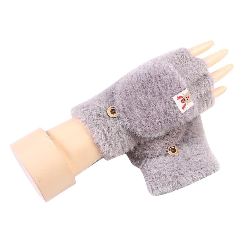 Winter students outdoor cartoon thick warm knitted cycling flip half finger plush gloves cute women Wholesale