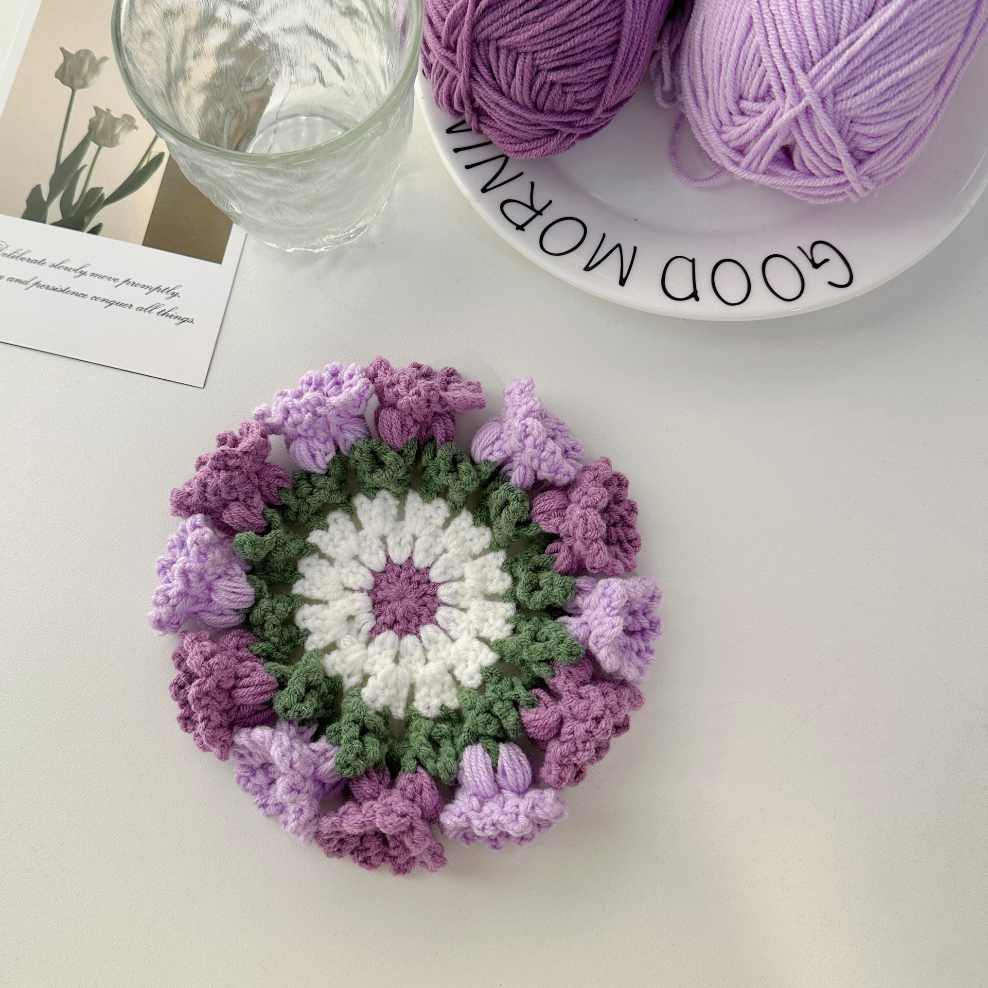 Picture of Beginner Handmade Weaving DIY Materials Kit, Yarn, Crochet, Lily of the Valley Gradient Coaster Gift for Girlfriend