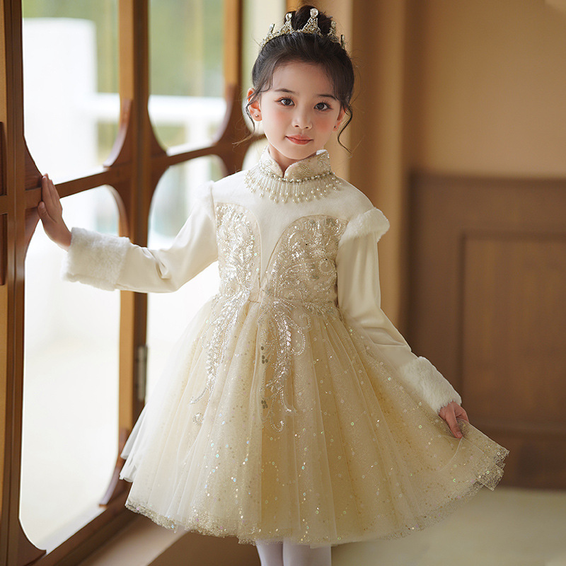 Western style children's dress girls' autumn and winter fleece-lined girls' princess dress winter dress little girls' birthday dress flower girl