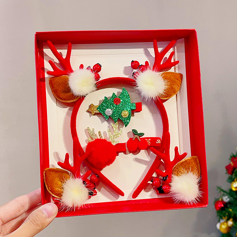 Picture of 2023 new children Girl Christmas headband hairpin suit combination cute antlers Christmas headband hairpin headdress