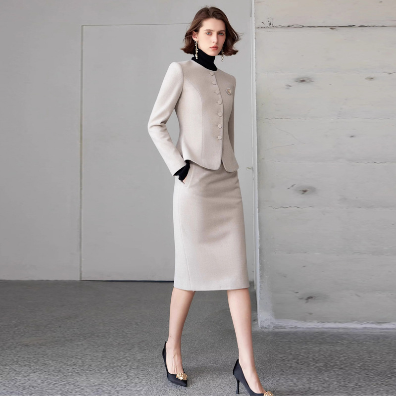 Picture of Autumn and Winter Fashion New Retro Oatmeal Color Round Neck Professional Women's Dress suit Elegant Female President Manager Formalwear